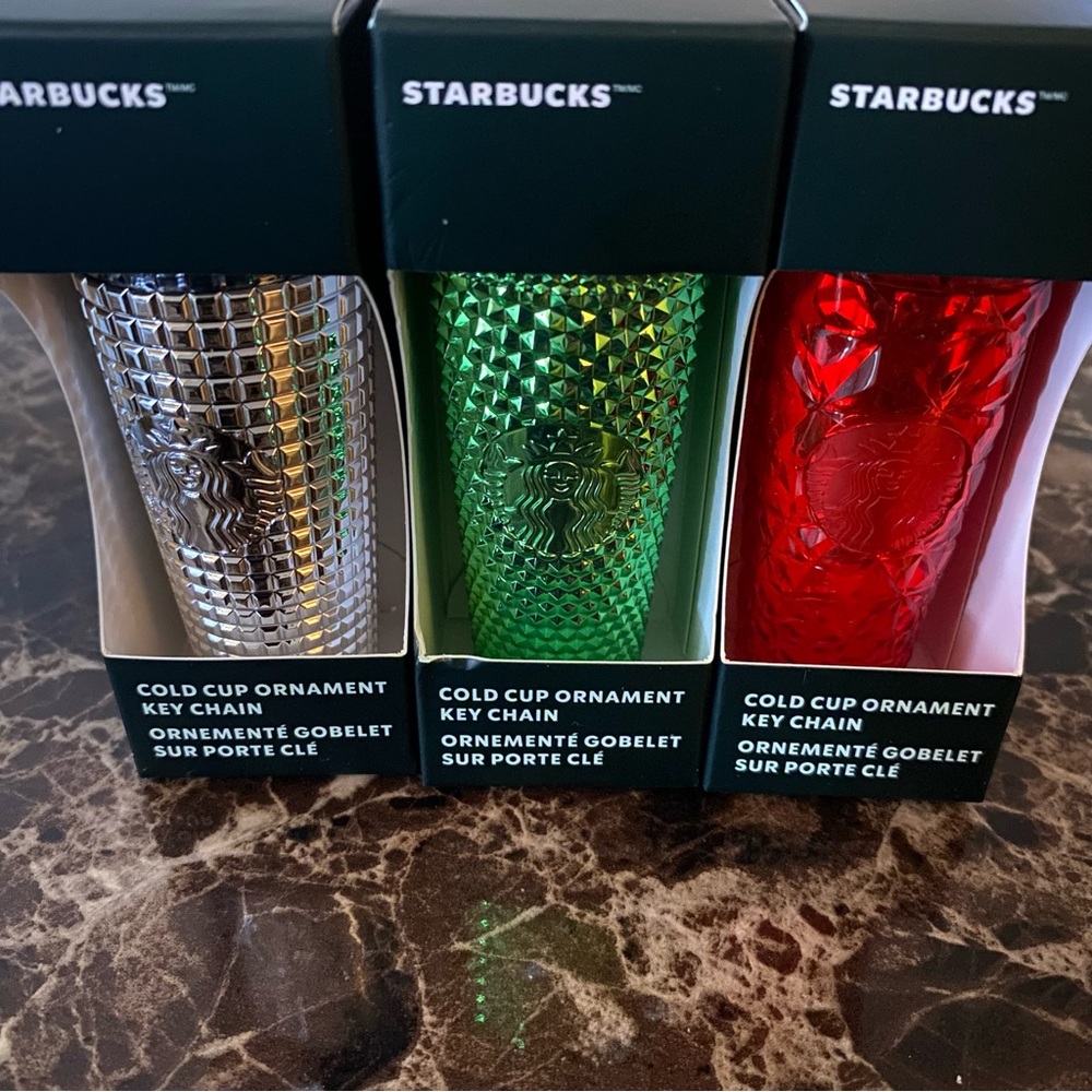 Starbucks Holiday Silver,Green & red Cold Cup Christmas Ornament Keychains 3set